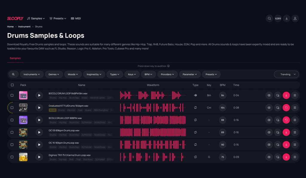 Discover Drum Loops, One-Shots, and MIDI Patterns on Slooply.com